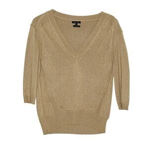 Massimo Dutti Gold Metallic V Neck Sweater XS 3/4 Sleeves Night Out Holiday